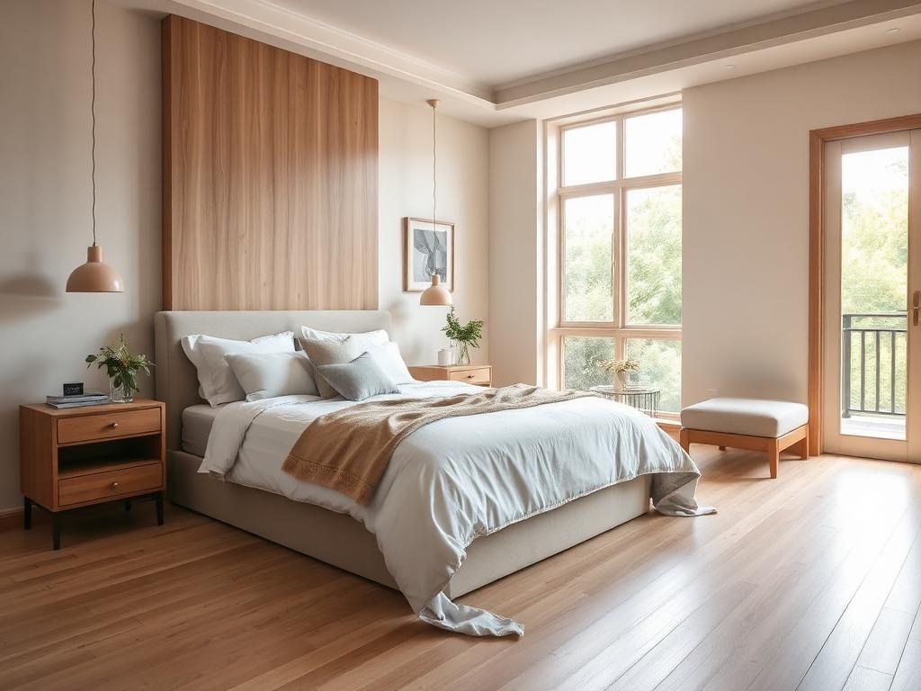 Light oak timber flooring in master bedroom