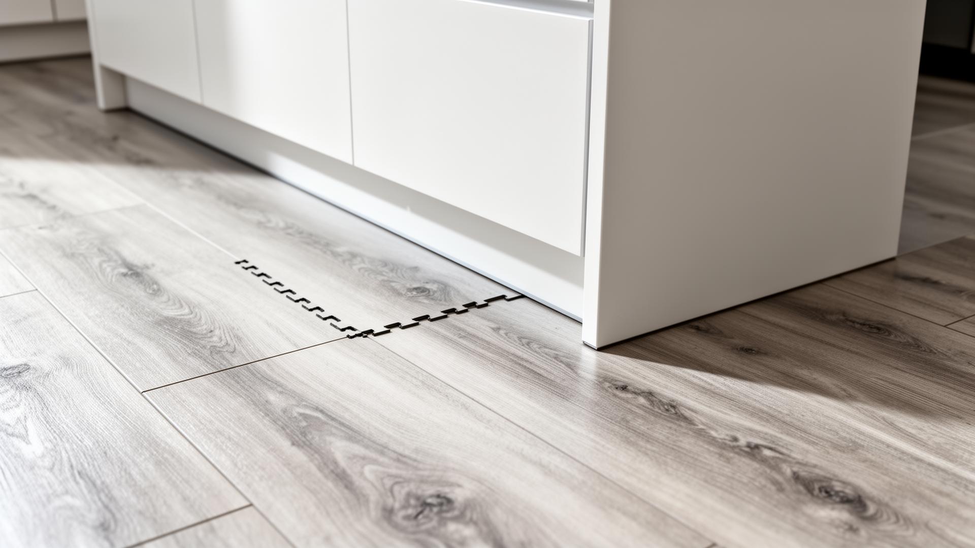Close-up of light grey hybrid plank joints against a modern white kitchen island