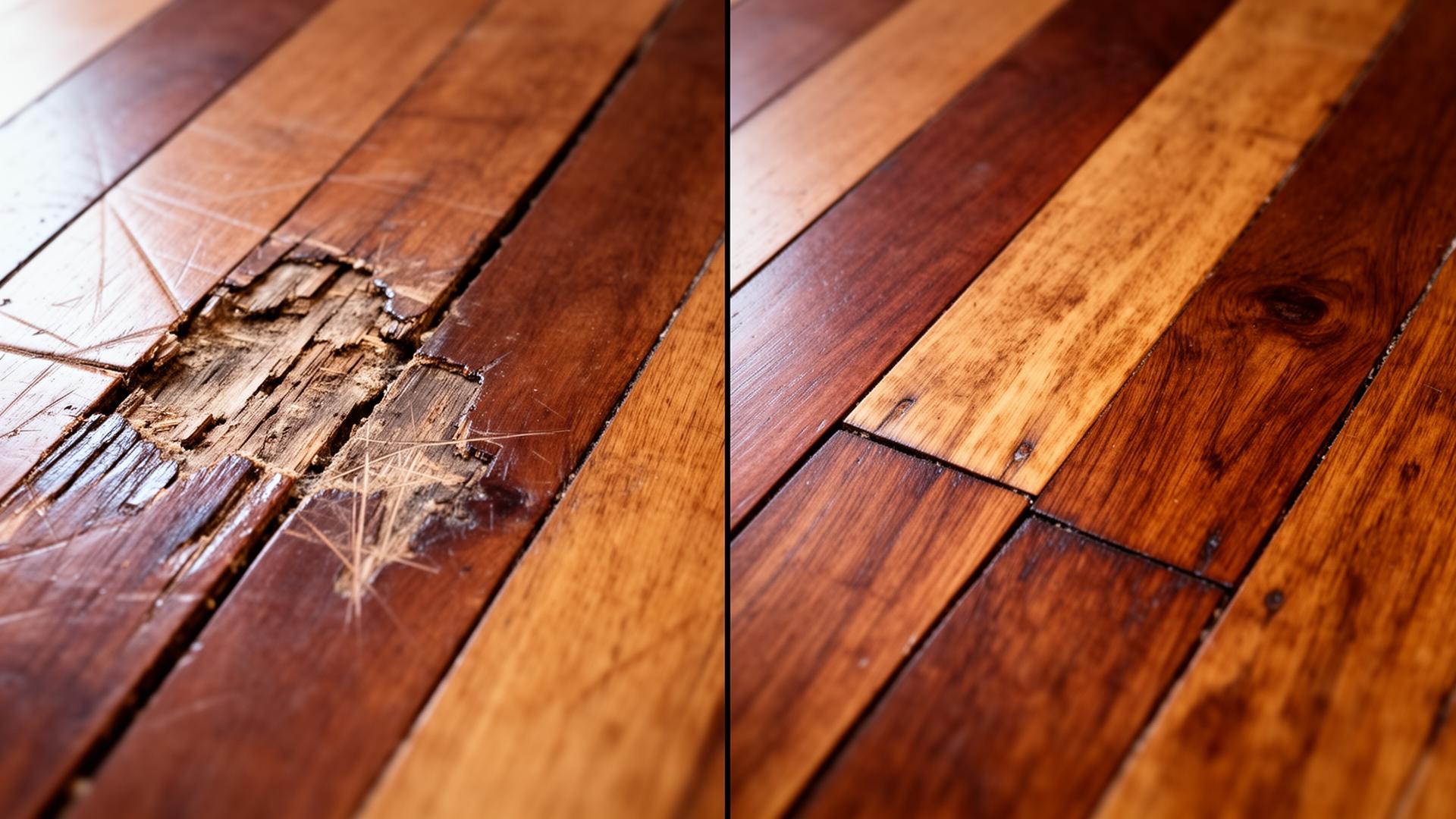 Before and after of a damaged Tasmanian Oak floor section seamlessly repaired