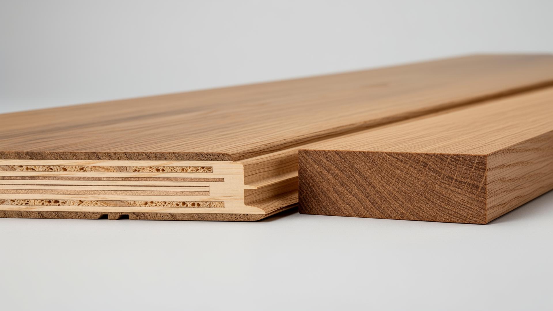 Cross-section of an engineered European Oak plank next to a solid timber plank